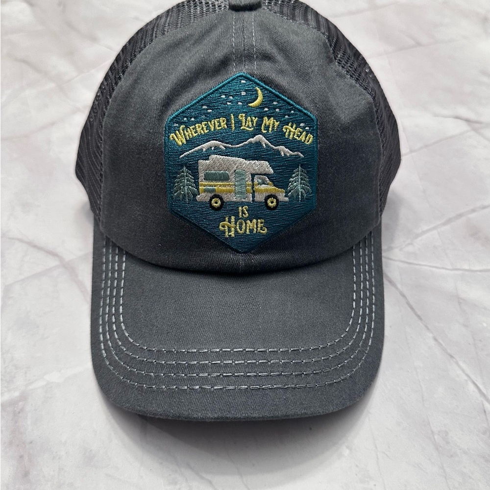 Gray Cap with Embroidered Camper Design